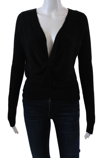 LYR By Splendid Womens Long Sleeve Draped Neckline Ribbed Sweater Black Small