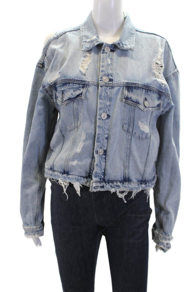 Hudson Womens Cotton Distressed Collared Button Up Denim Jacket Blue Size XS