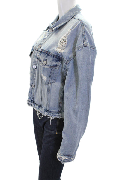Hudson Womens Cotton Distressed Collared Button Up Denim Jacket Blue Size XS