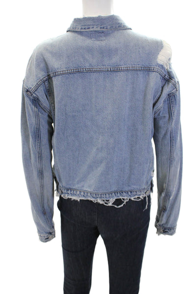 Hudson Womens Cotton Distressed Collared Button Up Denim Jacket Blue Size XS