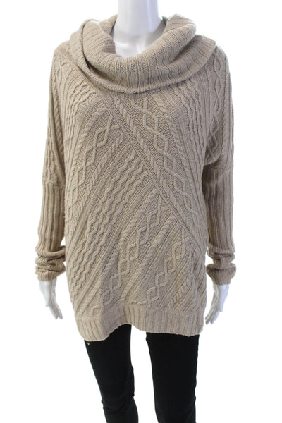 BCBGMAXAZRIA Womens Cable Knit Oversized Turtleneck Sweater Beige Size S