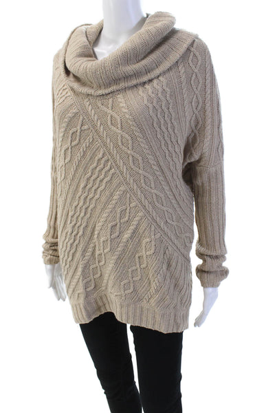 BCBGMAXAZRIA Womens Cable Knit Oversized Turtleneck Sweater Beige Size S