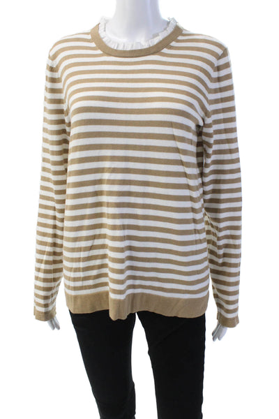 J Crew Womens Cotton Long Sleeve Striped Ruffle Trim Top Beige Size M