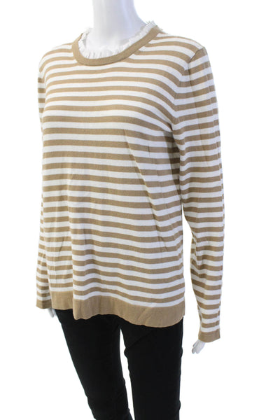J Crew Womens Cotton Long Sleeve Striped Ruffle Trim Top Beige Size M