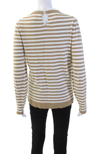 J Crew Womens Cotton Long Sleeve Striped Ruffle Trim Top Beige Size M