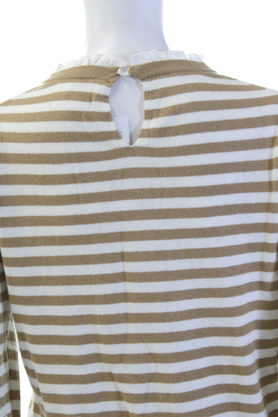 J Crew Womens Cotton Long Sleeve Striped Ruffle Trim Top Beige Size M