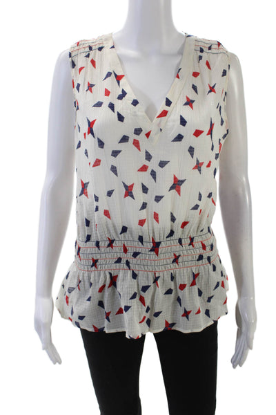 Theory Womens Cotton V Neck Geometric Print Sleeveless Blouse White Size L