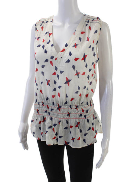Theory Womens Cotton V Neck Geometric Print Sleeveless Blouse White Size L