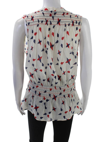 Theory Womens Cotton V Neck Geometric Print Sleeveless Blouse White Size L