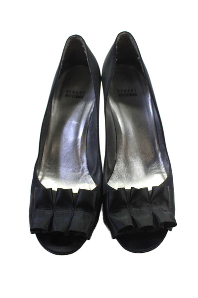 Stuart Weitzman Womens Satin Pleated Embellishment Open Toe Heels Black Size 10