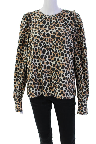 Sea New York Womens Long Sleeve Crew Neck Animal Print Top White Black Brown 10