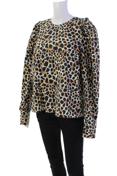 Sea New York Womens Long Sleeve Crew Neck Animal Print Top White Black Brown 10