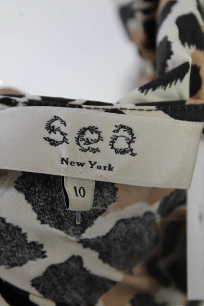 Sea New York Womens Long Sleeve Crew Neck Animal Print Top White Black Brown 10