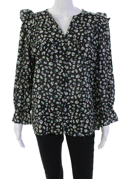 Ba&Sh Womens Button Front Long Sleeve Floral Ruffled Top Black Multi Size 8