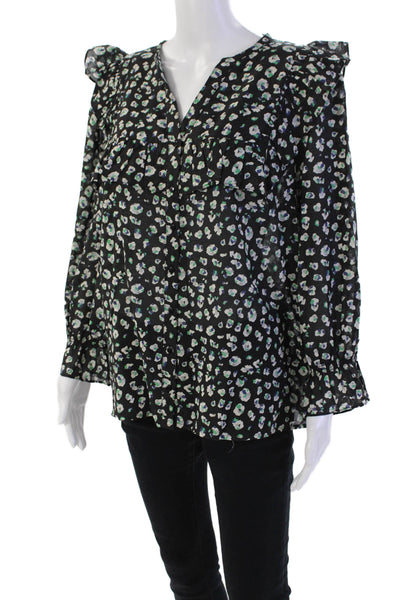 Ba&Sh Womens Button Front Long Sleeve Floral Ruffled Top Black Multi Size 8