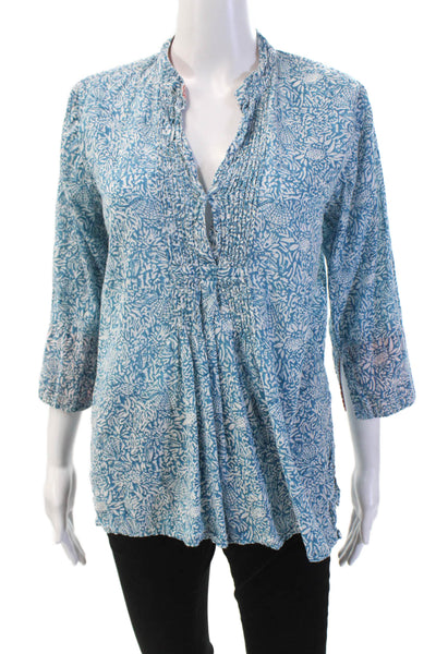 Roberta Roller Rabbit Womens Cotton V-Neck Pleated Detail Blouse Blue Size M