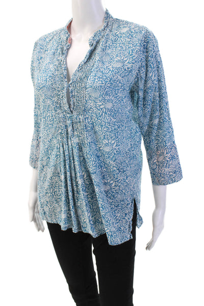 Roberta Roller Rabbit Womens Cotton V-Neck Pleated Detail Blouse Blue Size M