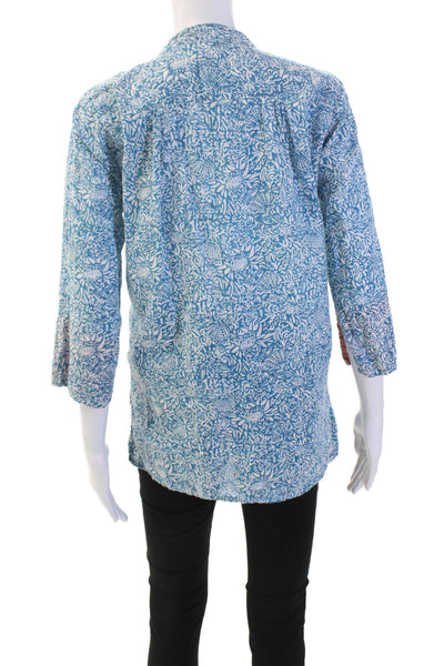 Roberta Roller Rabbit Womens Cotton V-Neck Pleated Detail Blouse Blue Size M