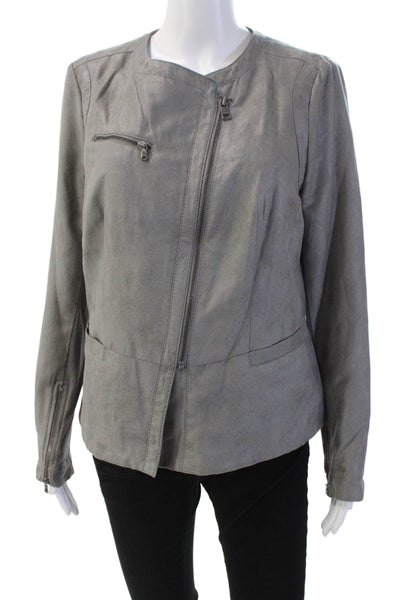 DKNY Jeans Womens Faux Leather Asymmetrical Zippered Jacket Light Gray Size L