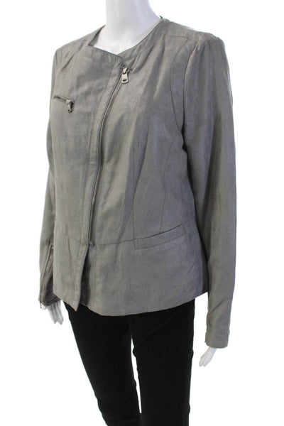 DKNY Jeans Womens Faux Leather Asymmetrical Zippered Jacket Light Gray Size L