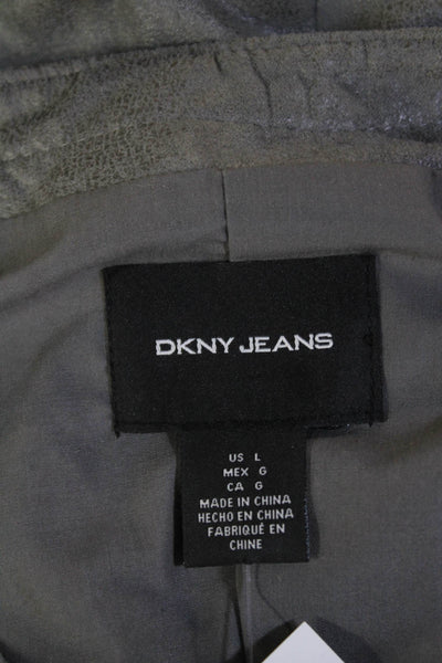 DKNY Jeans Womens Faux Leather Asymmetrical Zippered Jacket Light Gray Size L
