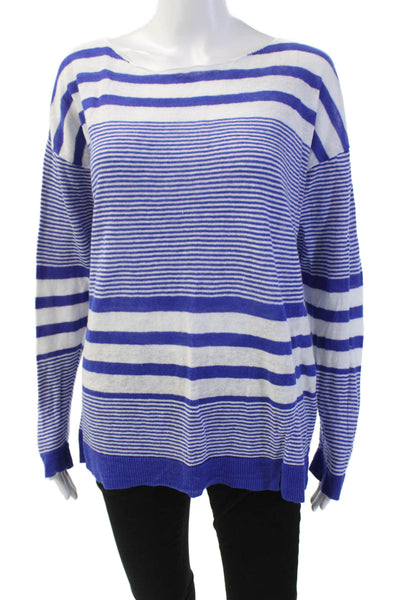 Lily Pulitzer Womens Linen Boat Neck Striped Long Sleeve Top Blue Size L