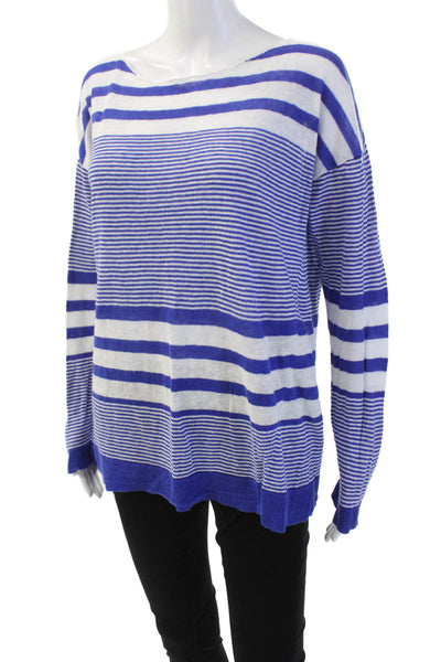 Lily Pulitzer Womens Linen Boat Neck Striped Long Sleeve Top Blue Size L