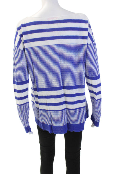 Lily Pulitzer Womens Linen Boat Neck Striped Long Sleeve Top Blue Size L