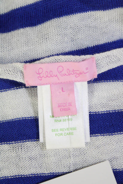 Lily Pulitzer Womens Linen Boat Neck Striped Long Sleeve Top Blue Size L