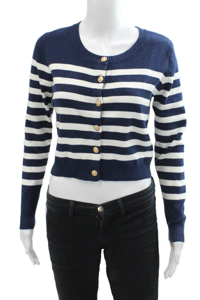Central Park West Womens Button Front Striped Cardigan Sweater White Navy XS