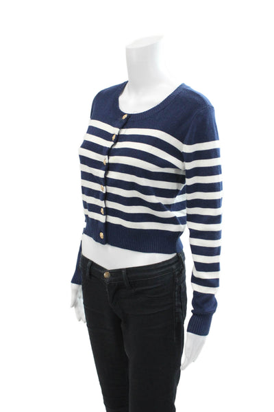 Central Park West Womens Button Front Striped Cardigan Sweater White Navy XS