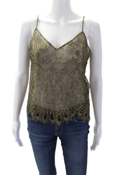BCBGMAXAZRIA Womens Metallic Floral Lace V-Neck Tank Top Blouse Gold Size S