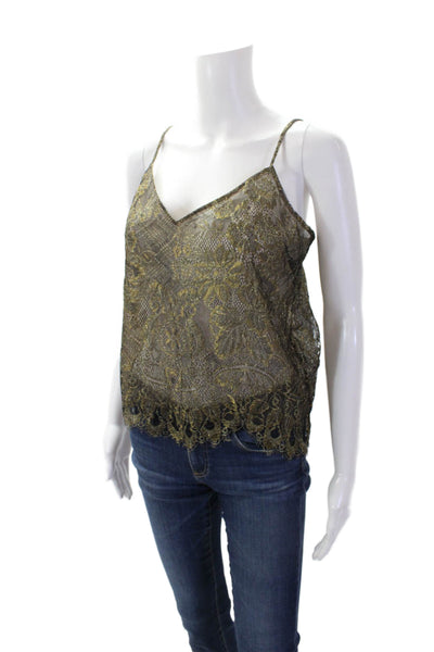 BCBGMAXAZRIA Womens Metallic Floral Lace V-Neck Tank Top Blouse Gold Size S