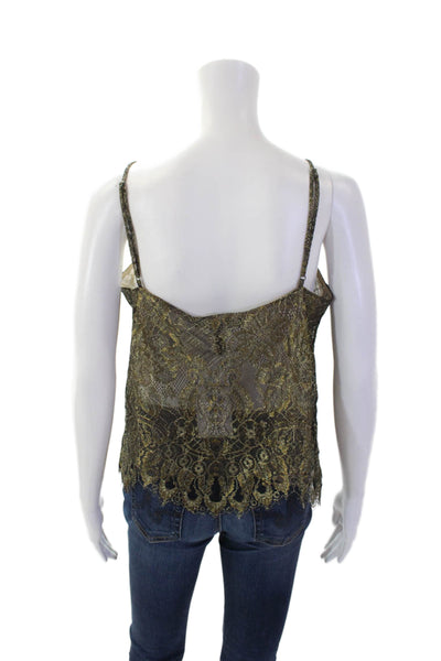 BCBGMAXAZRIA Womens Metallic Floral Lace V-Neck Tank Top Blouse Gold Size S