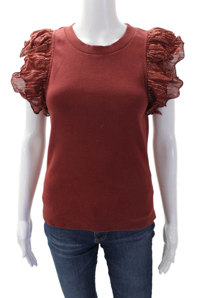 Anthropologie Womens Cotton Sleeveless Ruffled Knit Blouse Red Size M