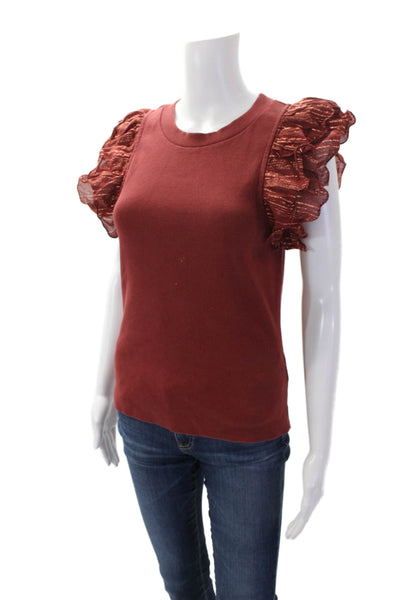 Anthropologie Womens Cotton Sleeveless Ruffled Knit Blouse Red Size M