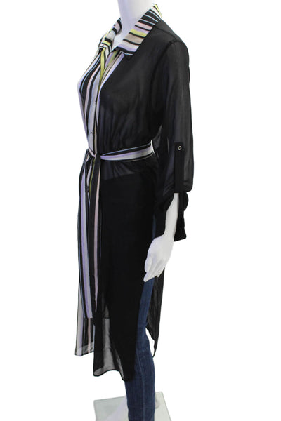 Calvin Klein Womens Textured Long Sleeve Button Stripe Blouse Black Size M