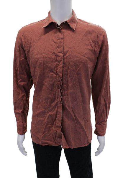 Theory Mens Button Front Long Sleeve Collared Linen Shirt Brown Size Medium