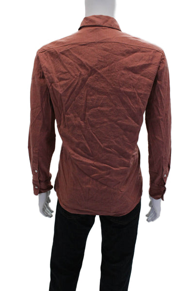 Theory Mens Button Front Long Sleeve Collared Linen Shirt Brown Size Medium