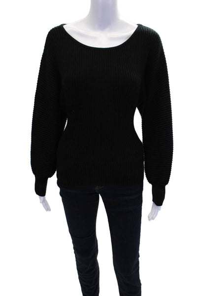 L'Academie Womens Ribbed Crew Neck Puff Sleeve Sweater Top Black Size XXS