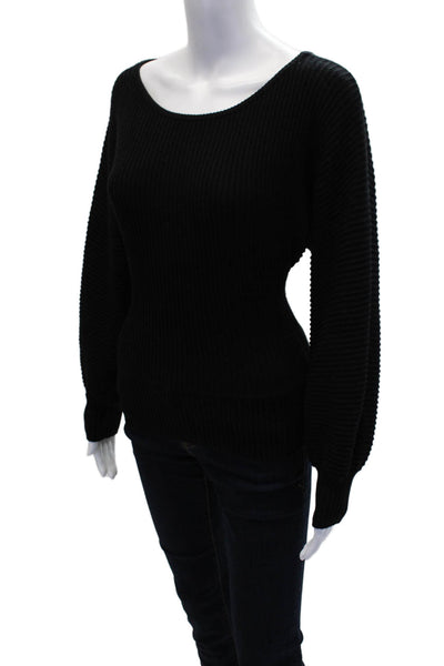 L'Academie Womens Ribbed Crew Neck Puff Sleeve Sweater Top Black Size XXS
