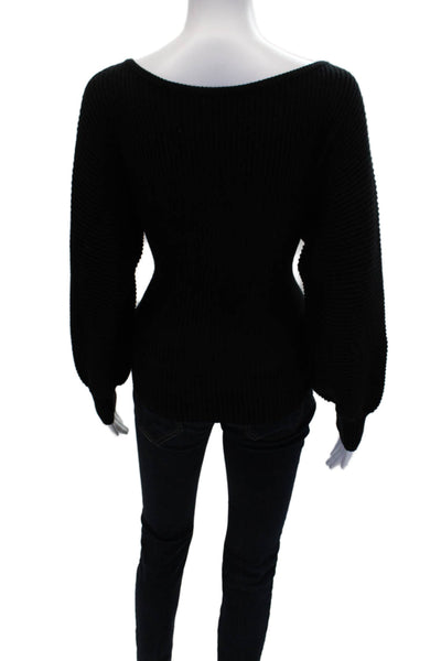 L'Academie Womens Ribbed Crew Neck Puff Sleeve Sweater Top Black Size XXS