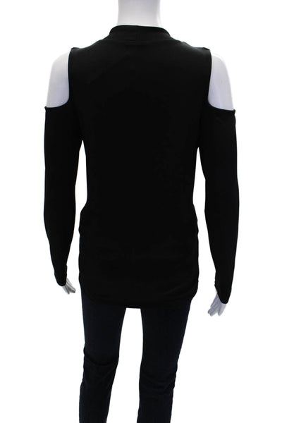 Halston Womens High Neck Cold Shoulder Long Sleeve Blouse Top Black Size Medium