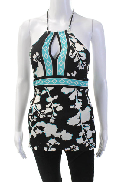 BCBGMAXAZRIA Womens Keyhole Halter Neck Floral Blouse Black Size XXS
