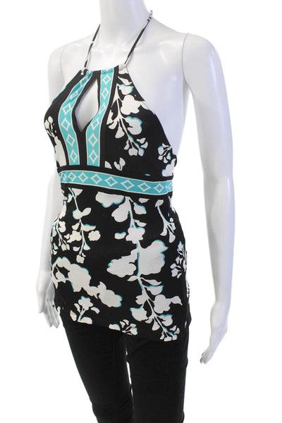 BCBGMAXAZRIA Womens Keyhole Halter Neck Floral Blouse Black Size XXS