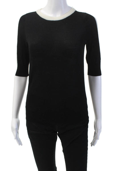 ALC Womens Merino Wool Short Sleeve Contrast Trim Knit Top Black Size XS