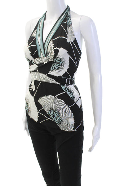 BCBGMAXAZRIA Womens Floral Tie Waist Halter Top Black Size XXS