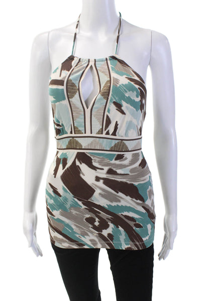 BCBGMAXAZRIA Womens Halter Neck Keyhole Printed Blouse Brown Blue Size XXS