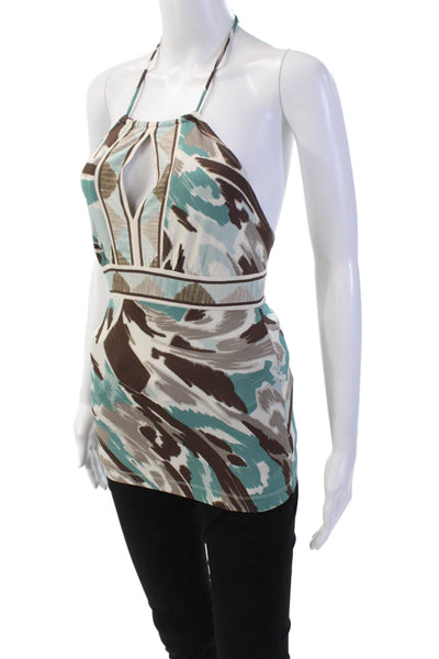 BCBGMAXAZRIA Womens Halter Neck Keyhole Printed Blouse Brown Blue Size XXS