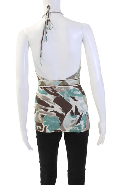 BCBGMAXAZRIA Womens Halter Neck Keyhole Printed Blouse Brown Blue Size XXS